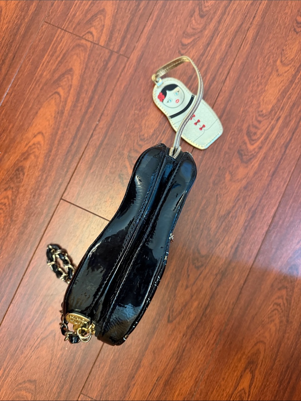 Betsey Johnson Black Patent Doll Face Wristlet with Yellow and Pink Accents - Picture 10 of 11